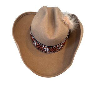 Vintage Western-Style Tan Wool Cowboy Hat Feather Accent & Aztec Band XS